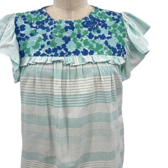 J.Marie Blouse Top Flutter Sleeve Embroidered Floral Stripe Size Small - Picture 4 of 13